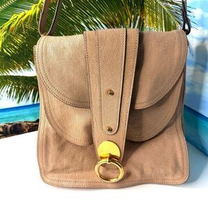 Chloé Kathleen Flap Shoulder Bag Top Handle Nude Tan Leather Gold Ring Hardware